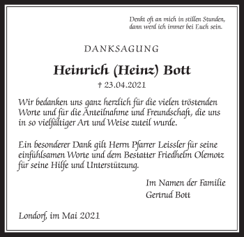 Traueranzeige von Heinrich Bott von Rabenauer Zeitung