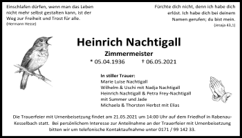 Traueranzeige von Heinrich Nachtigall von Giessener Allgemeine, Alsfelder Allgemeine