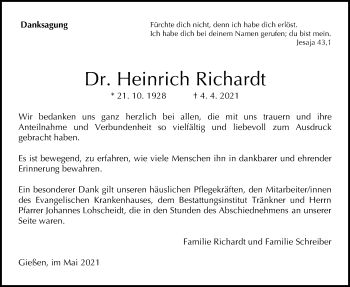 Traueranzeige von Heinrich Richardt von Giessener Allgemeine, Alsfelder Allgemeine