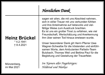 Traueranzeige von Heinz Brückel von Licher Wochenblatt