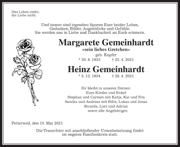 Traueranzeige von Heinz Gemeinhardt von Wetterauer Zeitung
