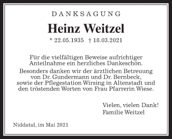 Traueranzeige von Heinz Weitzel von Wetterauer Zeitung