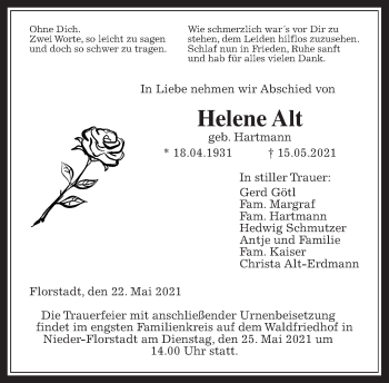 Traueranzeige von Helene Alt von Wetterauer Zeitung