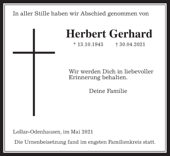 Traueranzeige von Herbert Gerhard von Giessener Allgemeine, Alsfelder Allgemeine