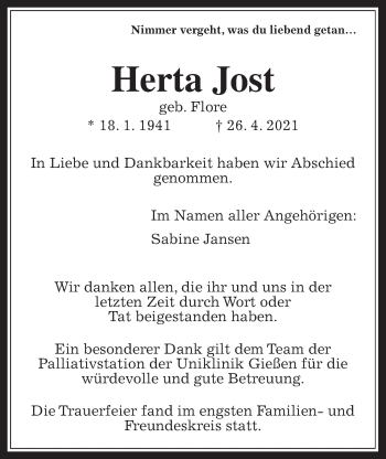 Traueranzeige von Herta Jost von Giessener Allgemeine, Alsfelder Allgemeine
