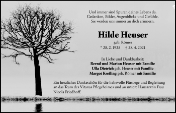 Traueranzeige von Hilde Heuser von Giessener Allgemeine, Alsfelder Allgemeine