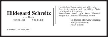 Traueranzeige von Hildegard Schreitz von Wetterauer Zeitung