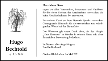 Traueranzeige von Hugo Bechtold von Giessener Allgemeine, Alsfelder Allgemeine