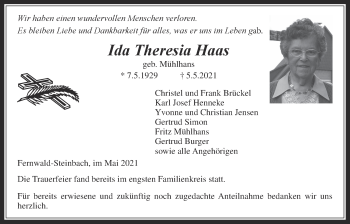 Traueranzeige von Ida Theresia Haas von Licher Wochenblatt