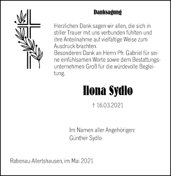 Traueranzeige von Ilona Sydlo von Giessener Allgemeine, Alsfelder Allgemeine