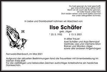 Traueranzeige von Ilse Schäfer von Giessener Allgemeine, Alsfelder Allgemeine