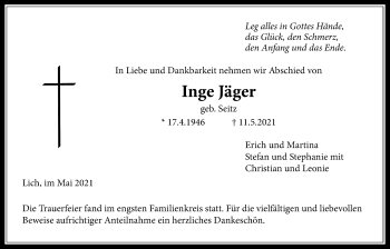 Traueranzeige von Inge Jäger von Licher Wochenblatt