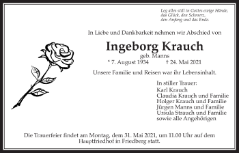 Traueranzeige von Ingeborg Krauch von Wetterauer Zeitung