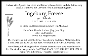 Traueranzeige von Ingeburg Freese von Bad Vilbel/Karben