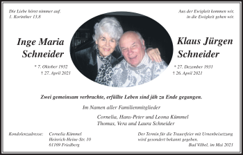 Traueranzeige von Inge Maria Schneider von Bad Vilbel/Karben