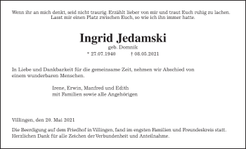 Traueranzeige von Ingrid Jedamski von Licher Wochenblatt