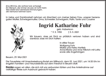 Traueranzeige von Ingrid Katharine Fuhr von Giessener Allgemeine, Alsfelder Allgemeine