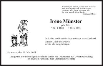 Traueranzeige von Irene Münster von Giessener Allgemeine, Alsfelder Allgemeine