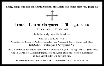 Traueranzeige von Irmela Laura Margarethe Göbel von Bad Vilbel/Karben