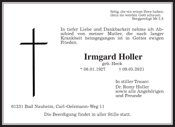 Traueranzeige von Irmgard Holler von Wetterauer Zeitung