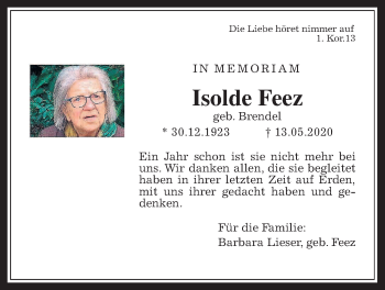 Traueranzeige von Isolde Feez von Giessener Allgemeine, Alsfelder Allgemeine