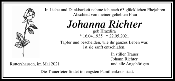 Traueranzeige von Johanna Richter von Giessener Allgemeine, Alsfelder Allgemeine