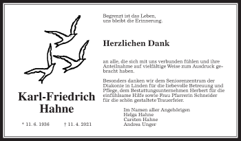 Traueranzeige von Karl-Friedrich Hahne von Giessener Allgemeine, Alsfelder Allgemeine