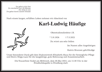 Traueranzeige von Karl-Ludwig Häußge von Wetterauer Zeitung