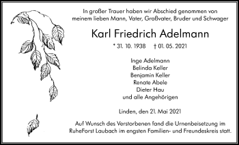 Traueranzeige von Karl Friedrich Adelmann von Giessener Allgemeine, Alsfelder Allgemeine