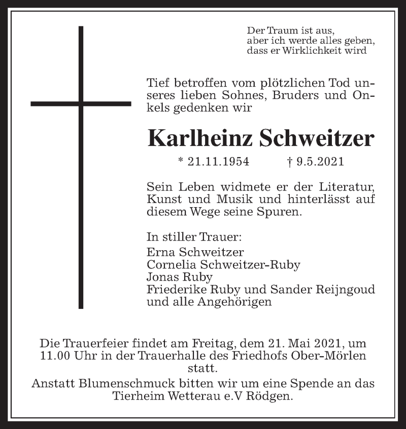  Traueranzeige für Karlheinz Schweitzer vom 15.05.2021 aus Wetterauer Zeitung