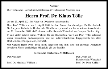 Traueranzeige von Klaus Tölle von Wetterauer Zeitung