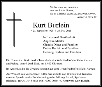 Traueranzeige von Kurt Burlein von Bad Vilbel/Karben