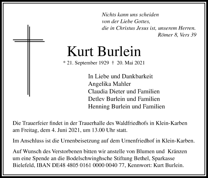  Traueranzeige für Kurt Burlein vom 27.05.2021 aus Bad Vilbel/Karben