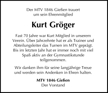 Traueranzeige von Kurt Gröger von Giessener Allgemeine, Alsfelder Allgemeine
