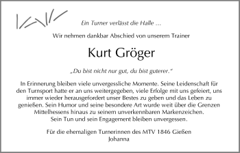 Traueranzeige von Kurt Gröger von Giessener Allgemeine, Alsfelder Allgemeine