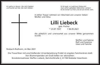 Traueranzeige von Lilli Liebeck von Wetterauer Zeitung
