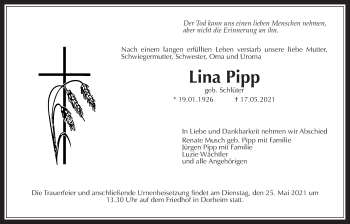 Traueranzeige von Lina Pipp von Wetterauer Zeitung