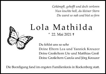 Traueranzeige von Lola Mathilda Kreuzer von Wetterauer Zeitung