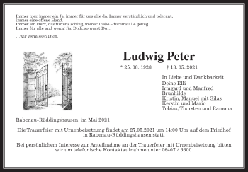 Traueranzeige von Ludwig Peter von Wetterauer Zeitung, Giessener Allgemeine, Alsfelder Allgemeine