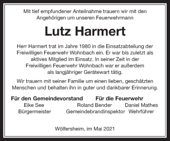 Traueranzeige von Lutz Harmert von Wetterauer Zeitung