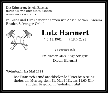 Traueranzeige von Lutz Harmert von Wetterauer Zeitung