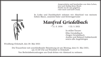Traueranzeige von Manfred Griedelbach von Wetterauer Zeitung