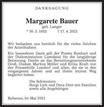 Traueranzeige von Margarete Bauer von Rabenauer Zeitung
