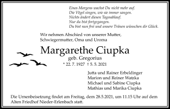 Traueranzeige von Margarethe Ciupka von Bad Vilbel/Karben