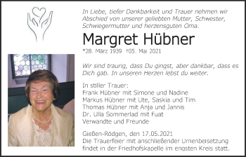 Traueranzeige von Margret Hübner von Giessener Allgemeine, Alsfelder Allgemeine