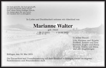 Traueranzeige von Marianne Walter von Laubacher Anzeiger