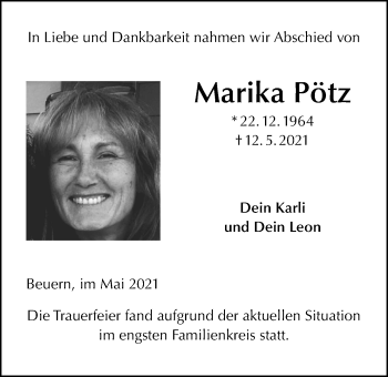 Traueranzeige von Marika Pötz von Giessener Allgemeine, Alsfelder Allgemeine