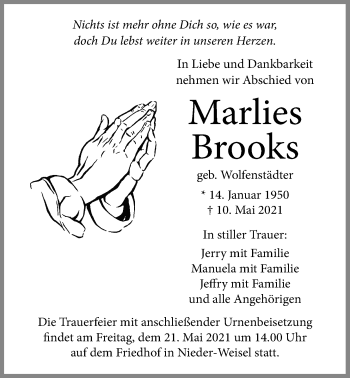 Traueranzeige von Marlies Brooks von Wetterauer Zeitung