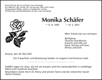 Traueranzeige von Monika Schäfer von Giessener Allgemeine, Alsfelder Allgemeine