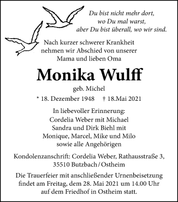 Traueranzeige von Monika Wulff von Wetterauer Zeitung, Giessener Allgemeine, Alsfelder Allgemeine